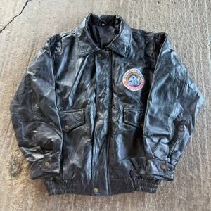 VINTAGE 80S KOREAN WAR VETERAN BLACK LEATHER BOMBER JACKET MILITARY MENS LARGE